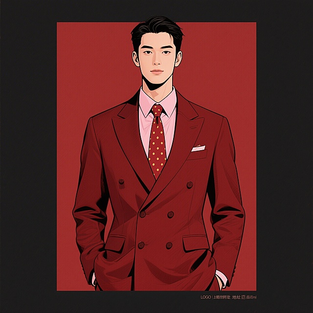 插画风格男士正装上半身展示图，背景为纯酒红色，画面整体色彩与背景和谐搭配，展示双排扣平驳领酒红色西装、浅粉色衬衫、酒红底金色波点领带，元素规整排布，边缘清晰，细节精致，无任何文字、LOGO、电话地址及二维码