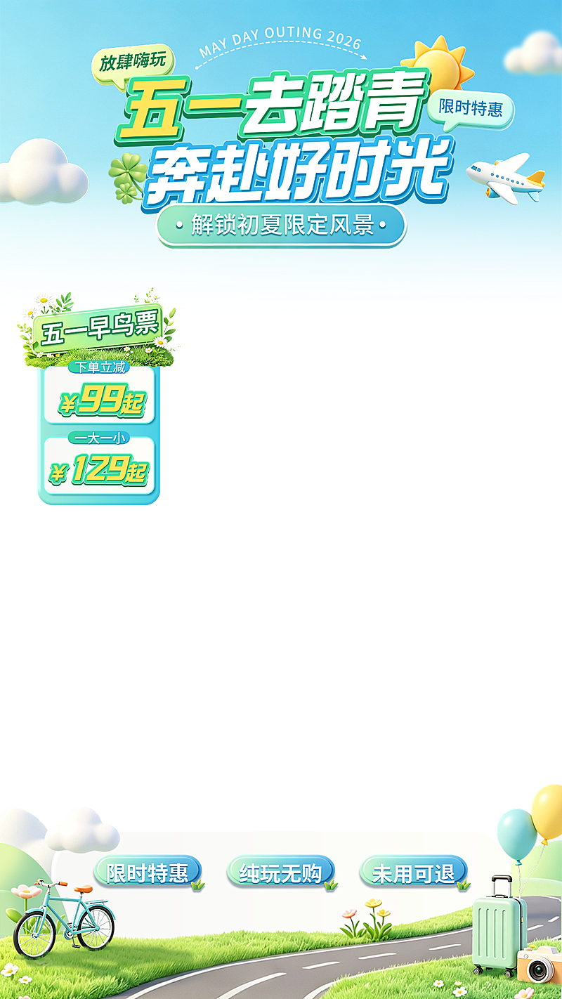 五一劳动节踏青出游3D卡通直播间贴片