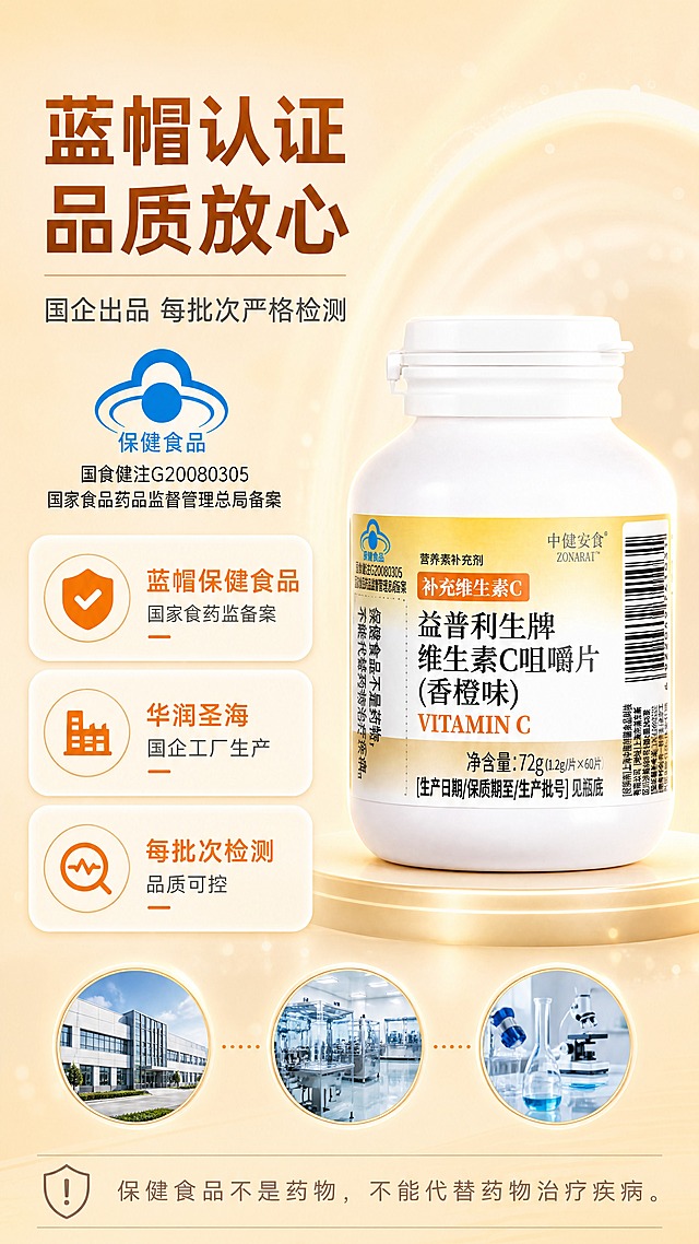 [商品] 使用【图3】益普利生牌维生素C咀嚼片正面瓶身图；保留白色药瓶、黄色标签、蓝帽标志、品牌名、产品名及所有瓶身原有文字；瓶身结构、比例、颜色、材质保持原样。
[画面] 目标：资质品质背书页，建立消费者信任。构图：左文右图，产品瓶身位于画面右侧，占画面约45%；左侧为资质信息区；背景为浅米白渐变+淡金色光晕，营造专业可靠感；画面中上部有蓝帽认证标志放大展示，底部有工厂/检测示意图标。阅读动线：从左上标题向右下看产品，再看资质细节。
[视觉] 套系策略：风格=国内电商健康营养风，清新活力商业摄影；标题字=现代无衬线粗黑体，圆润有力；正文字=简洁无衬线体；主色=暖橙黄；背景延展=基于暖橙黄做深浅渐变、同色系光晕和细腻柔光质感；强调色=鲜橙色，仅用于小面积图标、引线、标签和高亮关键词；标题色=深橙棕色；正文色=中暖灰色；组件=圆角浅底信息卡、细线引线、圆形icon；光影=左前侧暖柔光，产品右侧有柔和轮廓光，整体明亮通透。
[文字] 左上主标题"蓝帽认证 品质放心"，副标题"国企出品 每批次严格检测"；左侧3组资质信息带icon："蓝帽保健食品 国家食药监备案"、"华润圣海国企工厂生产"、"每批次检测 品质可控"；底部小字标注保健食品不是药物，不能代替药物治疗疾病；所有文字横向排版，层级清晰，手机端可读。
[规格] 图片比例9:16竖版，4K，避免变形、错字、文字过小、冷蓝/蓝灰背景、瓶身颜色改变、包装文字错乱、绝对化用语、虚假承诺。