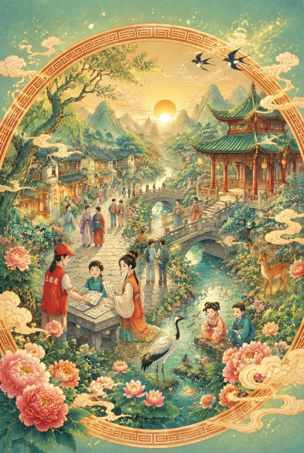 基于这张国潮插画修改，优化所有人物的五官，让五官清晰自然，保持正常人体结构，保留原本的画面构图、元素和暖调祥和氛围，沿用江南青石板古街道、木构古建、石拱桥、荷塘、凉亭地形框架和中式回纹雕花环形圆框预览效果