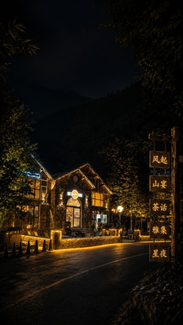 白云山山风会客厅真实夜景照片精修，不改变建筑主体结构和真实场地关系。保留石木结构建筑、夜间森林、暖黄色灯光、前方道路、低矮灯带墙体。整体调性调整为高级黑金夜景，压暗天空，增强建筑灯光层次，降低杂乱彩色预览效果