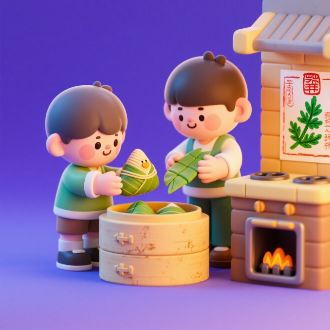 Q版钟馗小人正在蒸笼边包粽子，另一个小人帮忙递竹叶，灶台贴着手绘艾草符咒预览效果