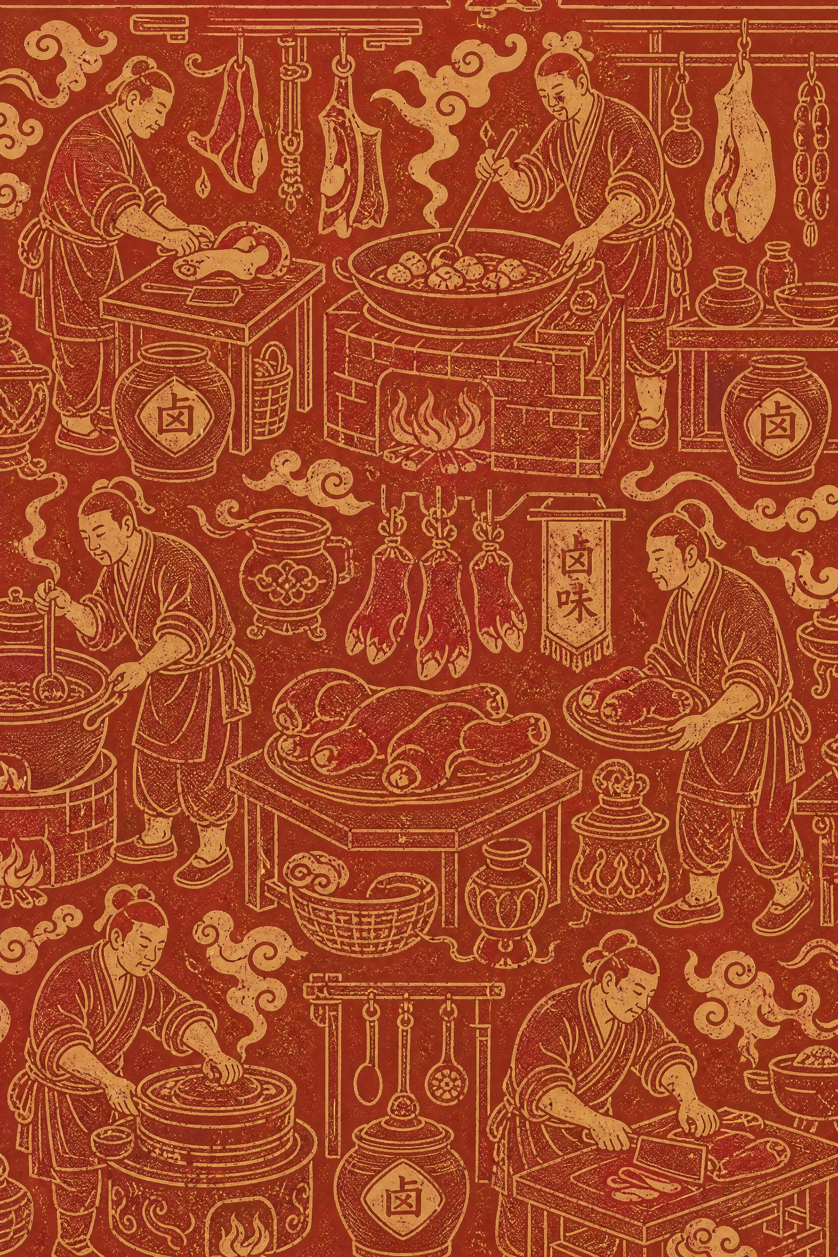 中式礼盒插画，竖版构图。参考汉代庖厨画像石拓片风格改编上色，古… - 图片创意预览
