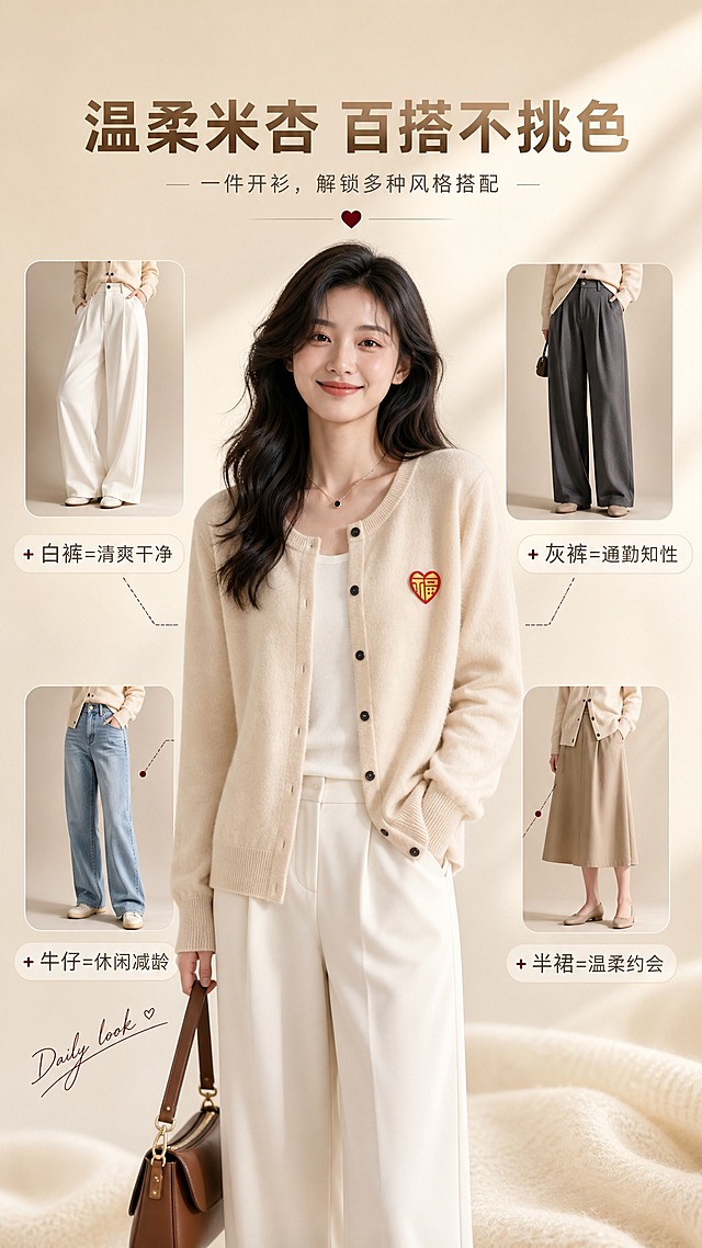 [商品] 使用【图1】【图3】米杏色圆领爱心福字刺绣羊毛开衫；商品处理：保留圆领、单排黑纽扣、左胸爱心福字刺绣、罗纹袖口下摆、米杏色羊毛材质和整体版型；自然去皱理顺，增强羊毛绒感，不改变版型颜色结构。
[画面] 目标：颜色搭配页，展示米杏色的百搭属性。年轻亚洲女模特居中站立，身穿这件米杏色开衫，内搭白色打底。模特周围环绕展示4种下装搭配（以小图或半透明叠层形式呈现）：白色阔腿裤、深灰色西装裤、浅蓝色牛仔裤、卡其色半身裙。每种搭配旁有小标签标注风格。背景为暖米色渐变，有柔和光影。
[视觉] 套系策略：风格=温柔知性通勤风商业摄影；标题字=思源黑体粗体，带轻微米杏色渐变；正文字=思源黑体常规体；主色=米杏色；背景延展=基于米杏色做深浅层级、同色渐变和细腻织物/哑光墙面质感；强调色=酒红色，仅用于小面积图标、引线和标签；标题色=深暖棕；正文色=中暖灰；组件=圆角浅底信息卡、细线引线、手写体英文装饰；光影=左前侧暖柔自然光。
[文字] 顶部主标题：「温柔米杏 百搭不挑色」，下方四个搭配标签：「+白裤=清爽干净」「+灰裤=通勤知性」「+牛仔=休闲减龄」「+半裙=温柔约会」。文字全部横排，不遮挡模特主体。
[规格] 图片比例9:16竖版，4K，避免变形、错字、文字过小、冷蓝背景、衣服颜色改变、版型失真、极限词。