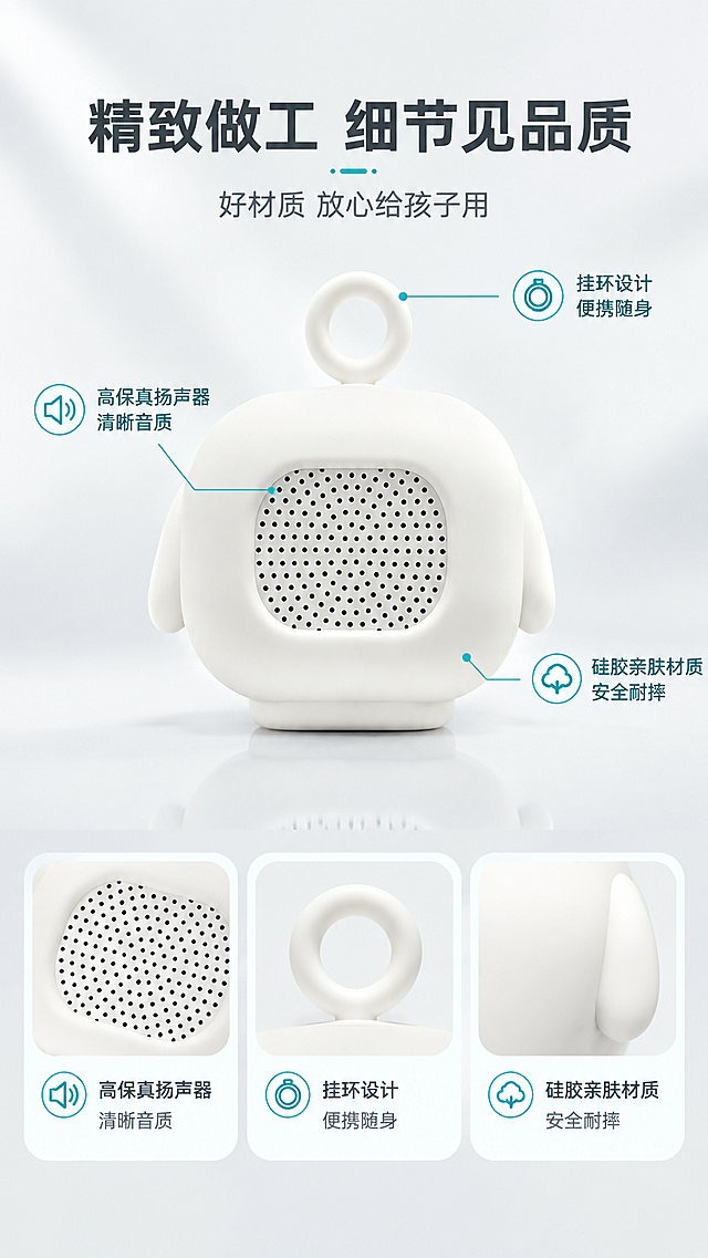 [商品] 使用【图2】【图3】产品背面图；保留白色机身、背面方形扬声器开孔阵列、顶部挂环、两侧小耳朵造型、底部底座，产品颜色和材质不变。
[画面] 目标：细节与做工展示，突出产品背面扬声器、便携挂环、硅胶材质等品质细节。构图：竖版9:16，产品背面大图居中偏上，占画面约50%，下方配3个细节标注卡片。背景：浅灰白渐变，产品下方有柔和倒影。阅读动线：顶部标题→中部产品背面大图→底部3个细节说明。
[视觉] 套系策略：风格=现代科技+温馨亲子商业摄影风；标题字=粗黑体无衬线；正文字=简洁无衬线体；主色=纯净白+浅灰；背景延展=基于白灰做深浅渐变、柔光光晕和细腻磨砂质感；强调色=科技青蓝色，用于细节引线和图标；标题色=深炭灰；正文色=中灰；组件=细线引线标注、圆角细节卡片、小图标；光影=左前侧柔光，产品质感清晰。
[文字] 顶部主标题："精致做工 细节见品质"；副标题："好材质 放心给孩子用"；3个细节标注：1."高保真扬声器 清晰音质" 2."挂环设计 便携随身" 3."硅胶亲肤材质 安全耐摔"。文字全部横向排版。
[规格] 图片比例9:16竖版，4K，负向提示：避免变形、错字、文字过小、产品颜色改变、结构失真、极限词、二维码、水印。