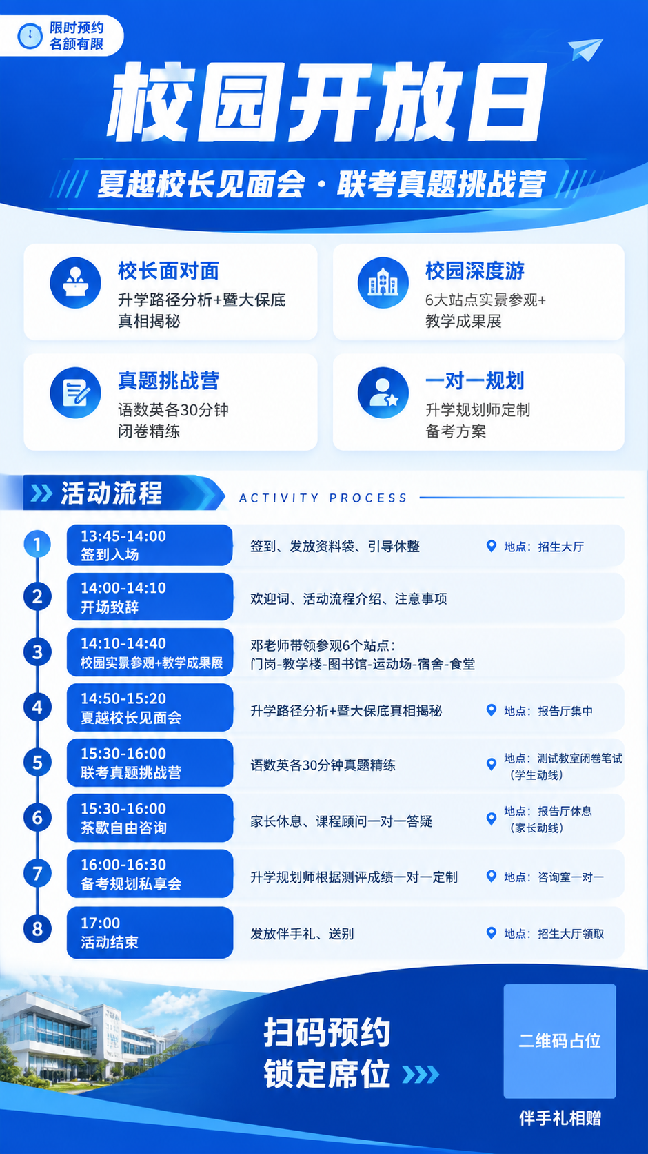 一张竖版9:16的校园开放日招生邀约长图海报，专业商务蓝风格，… - 图片创意预览