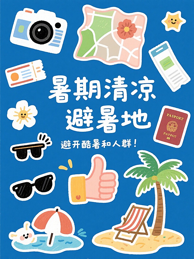插画风夏日海报，emoji元素点缀，清爽感十足，传递暑期避暑乐趣。