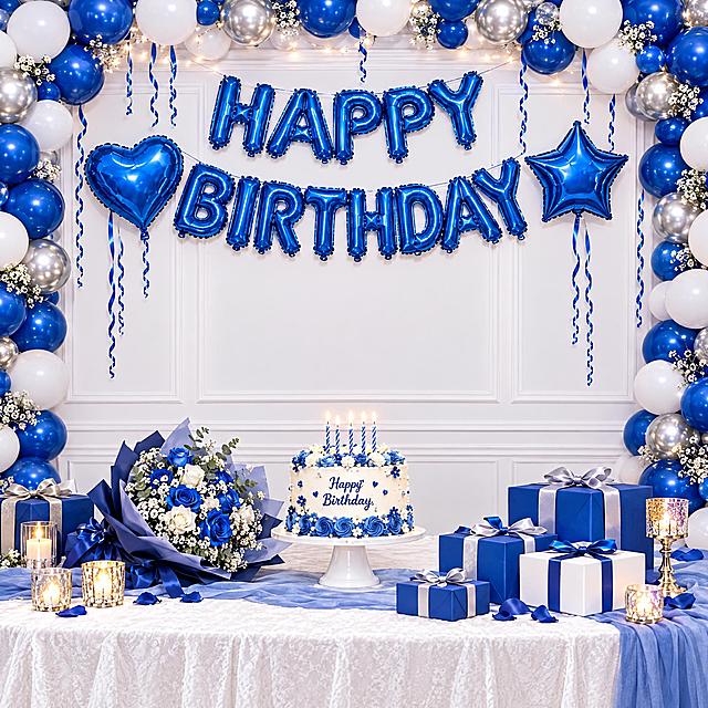基于参考图生成一张类似但不完全相同的生日派对场景图。将HAPPY BIRTHDAY字母气球、心形气球、星形气球的颜色改为蓝色。整体场景风格与参考图类似：有气球拱门、生日蛋糕、花束、礼物盒、蜡烛、桌子和桌布，但布置和细节有所不同，保持精致优雅的生日派对氛围。