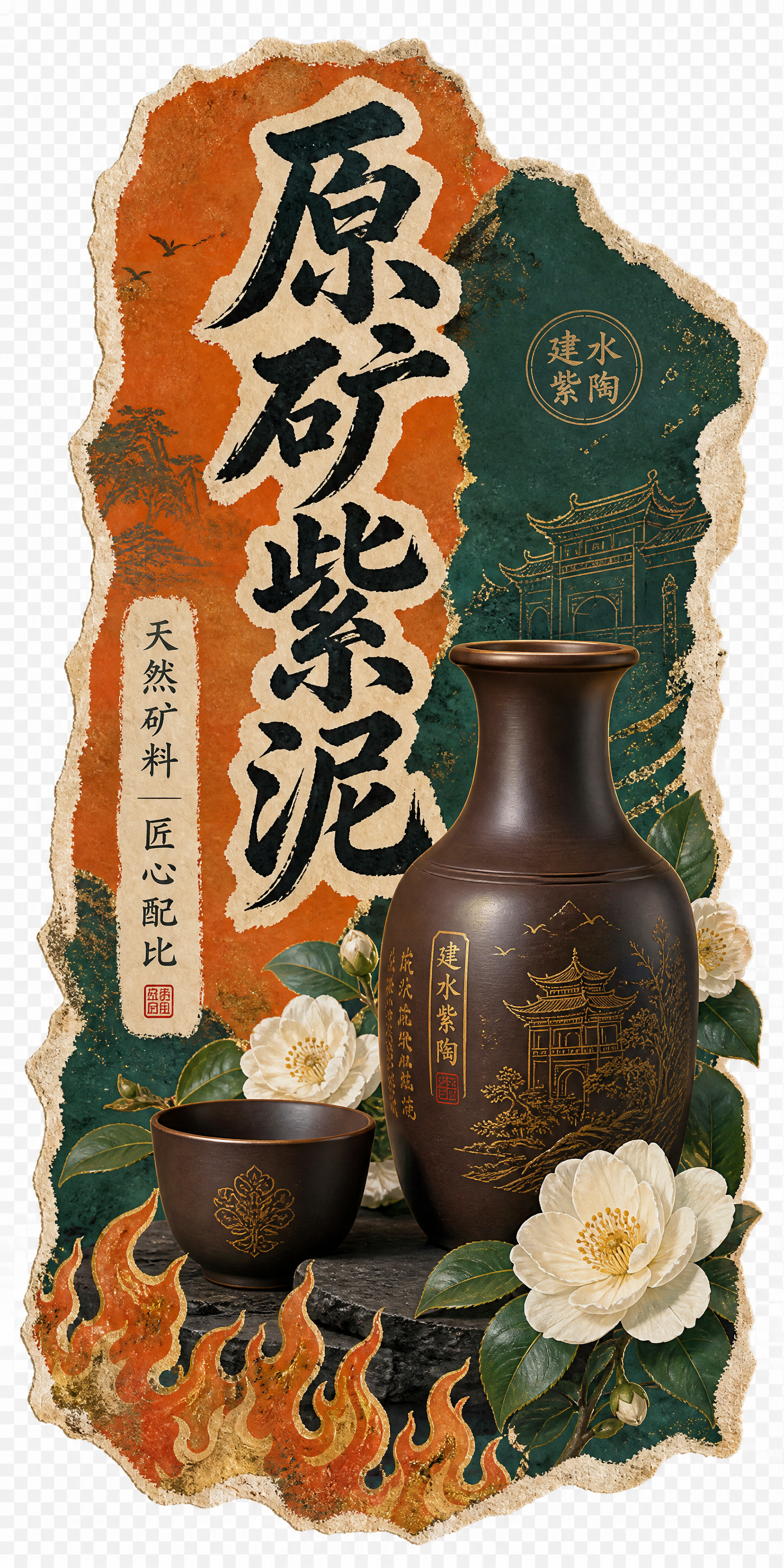 国潮插画风建水紫陶广告KT板设计，竖版长方形，完全透明背景无任… - 图片创意预览
