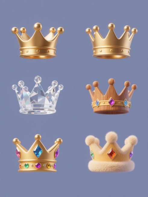 六个相同造型的金色皇冠图标，每个皇冠分别具有完全不同的材质质感——第一个为光滑亮面金属质感，第二个为磨砂哑光金属质感，第三个为透明水晶质感，第四个为木质纹理质感，第五个为彩色宝石镶嵌质感，第六个为柔软绒毛质感，每个皇冠都配有不同的纯色背景，整体呈规整的网格状排布，保持统一的3D渲染风格和简洁的图标设计感。预览效果