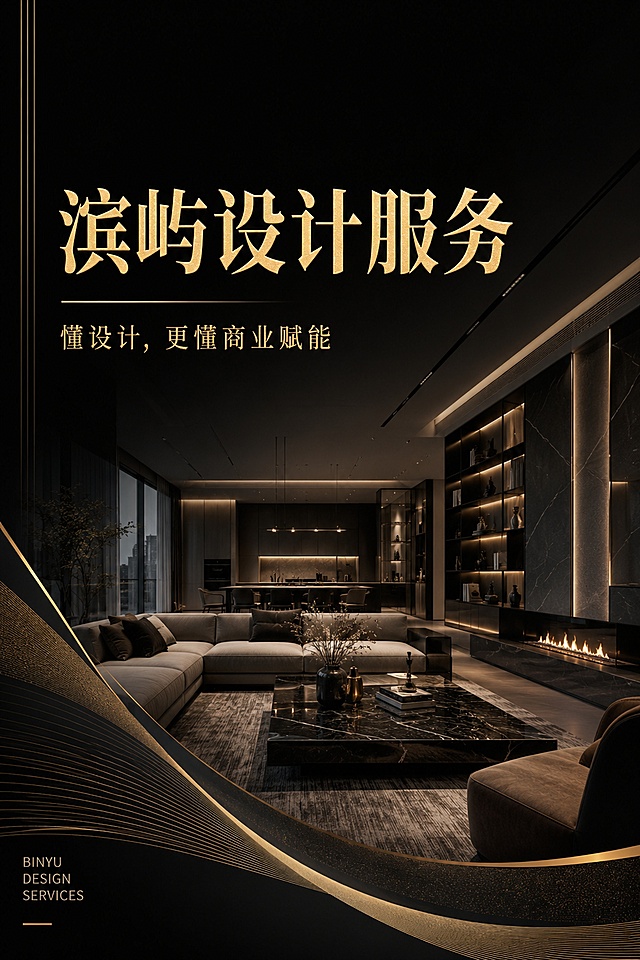 滨屿设计服务
懂设计，更懂商业赋能

完整导入文字，补充生成1P画册封面。背景、插图均采用现代风格的家居空间设计元素。
画册规格：W20cm×H30cm；
版面色调：黑色：文字：鎏金色；
画册页数：1P