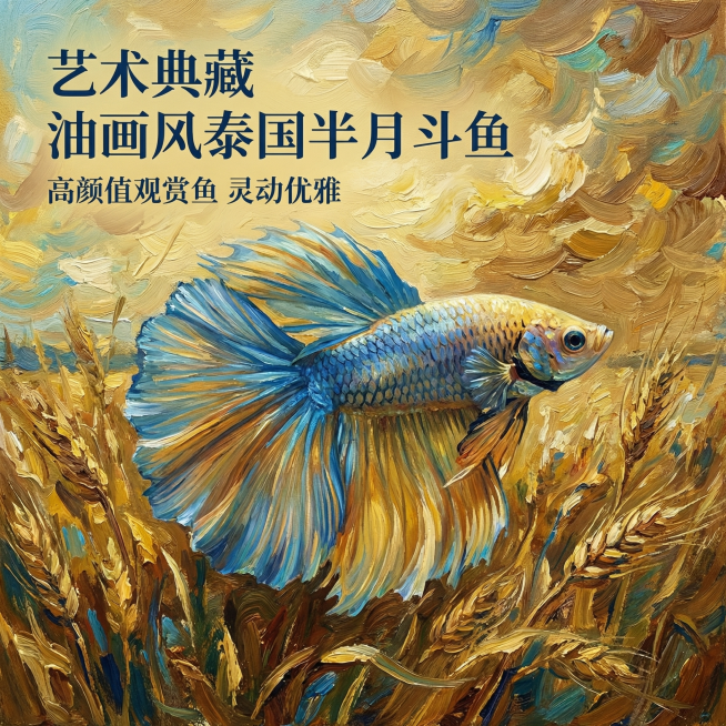 [主图 1] 
[主图主题] 油画风泰国半月斗鱼首图重新生成
[氛围/风格] 融合梵高莫奈印象派油画风格，艺术氛围感更浓郁，唯美高级
[画面元素] 主体泰国半月斗鱼居中展示，保持原鱼外观颜色（蓝黄渐变预览效果