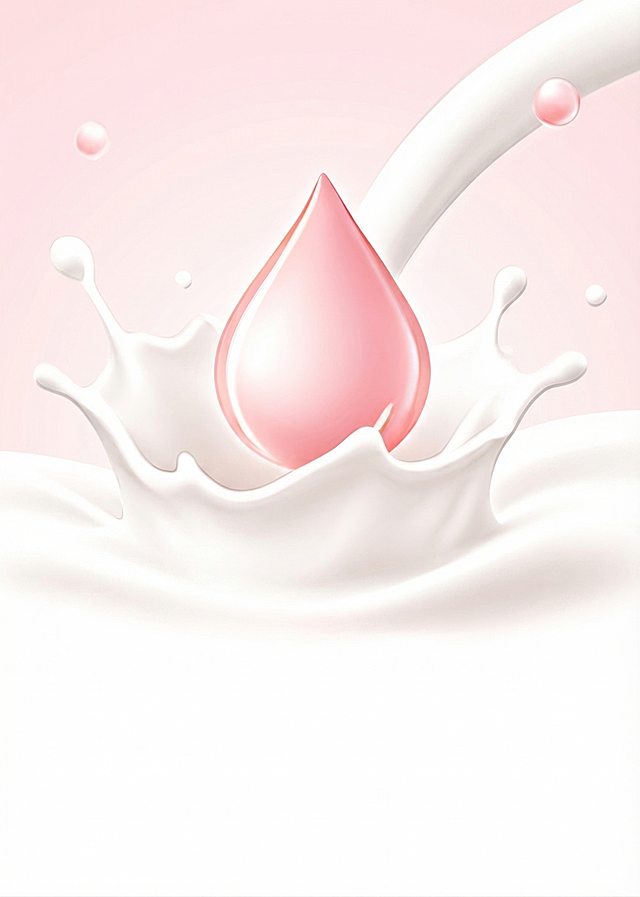 将图片变清晰，移除图片中的所有文字，保留牛奶飞溅和粉色水滴的原有设计和浅粉色背景