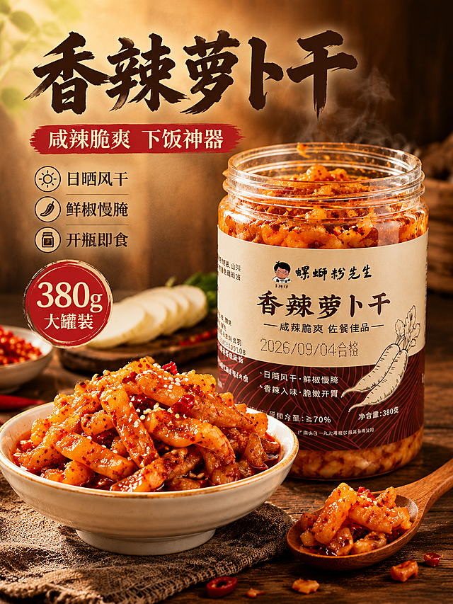 [商品] 使用【图14】香辣萝卜干透明罐装产品；保留罐体形状、透明塑料材质、标签设计、品牌Logo螺蛳粉先生马中才、产品名香辣萝卜干、净含量380克、罐内红油萝卜干颗粒外观；增强罐身玻璃通透感和标签文字清晰度，不改变包装结构和颜色。
[画面] 页面目标：食欲氛围头图，产品海报型，主打香辣萝卜干核心卖点与食欲冲击。构图：上文下图，上方大标题区，下方产品主体区。主体位置：画面下半部中央偏右，一罐打开的香辣萝卜干为主体，罐口冒着微微热气，前方白瓷碗盛满红油萝卜干，堆成小山状，表面撒白芝麻和红辣椒碎，木勺斜靠碗边，勺中也盛有萝卜干。主体占比65%。景别：中景偏特写。阅读动线：从上至下。前中后景：前景散落几颗萝卜干和辣椒碎，中景碗和罐子主体，后景暖棕色虚化木质背景+新鲜白萝卜片和剁椒碗点缀。
[视觉] 套系策略：风格=暖调国风食欲感 家常烟火气 商业美食摄影；标题字=粗笔刷书法字 厚重有力 带飞白；正文字=清爽黑体 圆润易读；主色=暖棕红；背景延展=基于暖棕红做深浅渐变、木纹质感、麻布纹理层次；强调色=朱红，仅用于小面积图标、引线、标签和重点数字；标题色=米白/深棕（按背景深浅切换）；正文色=深棕/暖灰；组件=圆角半透明信息卡、细线引线、圆形印章标识；光影=自然暖阳侧逆光 暖调 油亮光泽突出。
[文字] 顶部主标题：香辣萝卜干 粗笔刷书法字 深棕色 大字号。副标题：咸辣脆爽 下饭神器 朱红色 中号字。下方三行短卖点：日晒风干 鲜椒慢腌 开瓶即食 每行配小图标。左下角圆形印章：380g大罐装 朱红底白字。文字区位于画面上半部分，不遮挡产品主体。
[规格] 图片比例3:4竖版，4K，避免变形、错字、文字过小、冷蓝背景、产品颜色改变、包装文字错乱、绝对化用语。