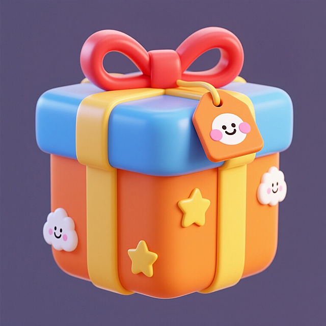 3D渲染的卡通礼物盒，主体为橙色，顶部蓝色盖子，黄色缎带缠绕，顶部系着大红色蝴蝶结，橙色标签上有带粉色腮红的白色笑脸，侧面有白色云朵笑脸贴纸和黄色星星贴纸，所有元素边缘圆润，色彩明快鲜亮，具有光滑的塑料质感和柔和高光，纯色背景，保持整体可爱、童趣的风格，变换样式造型。