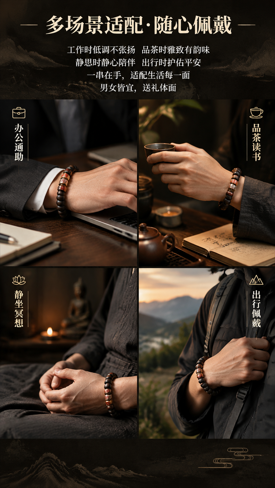 第12屏：场景展示-多场景佩戴。基于image1-4手串，生成… - 图片创意预览