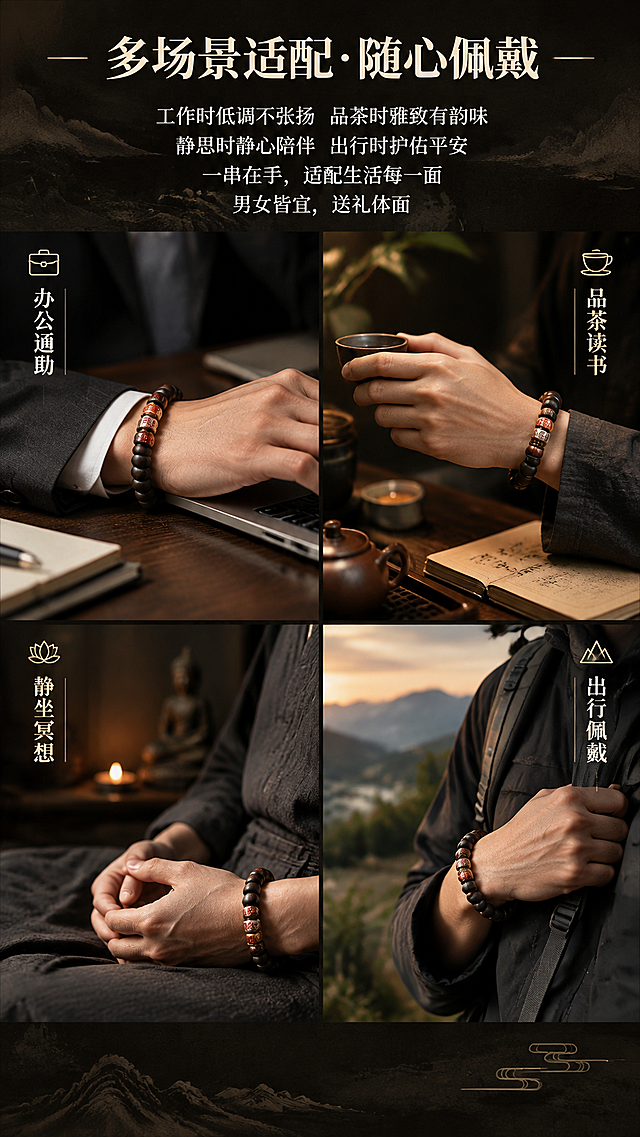 第12屏：场景展示-多场景佩戴。基于image1-4手串，生成详情页场景屏，9:16竖版。要求：1. 产品外观不变；2. 暗调生活质感，用分屏组合方式展示多个佩戴场景：办公通勤、品茶读书、静坐冥想、出行佩戴；3. 标题："多场景适配·随心佩戴"；4. 文字："工作时低调不张扬 品茶时雅致有韵味 静思时静心陪伴 出行时护佑平安 一串在手，适配生活每一面 男女皆宜，送礼体面"；5. 场景组合排版，氛围统一，详情页风格。