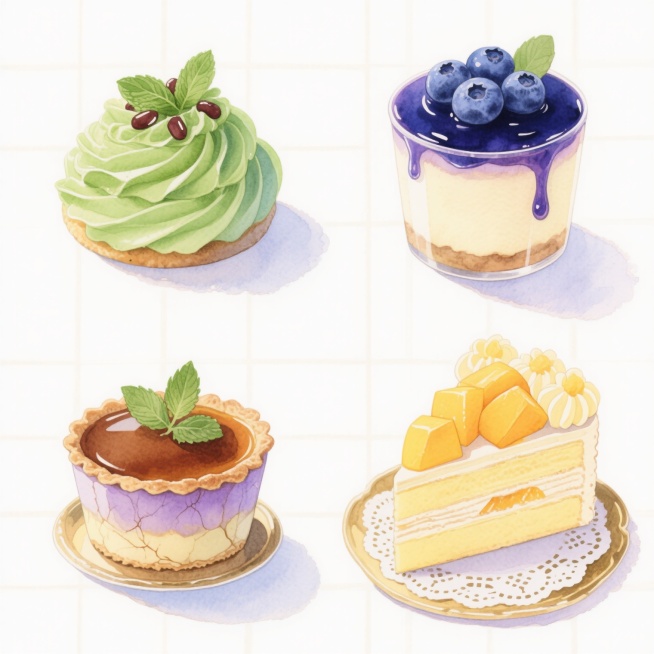 四个不同形态的精美甜点插画，水彩风格，画面明亮清新，色彩通透柔和，笔触细腻带有水润感和轻盈的晕染效果，构图为田字格布局，每个甜点独立放置在白色背景上，左上角为抹茶绿色渐变奶油裱花小蛋糕，点缀红豆和薄荷叶，右上角为蓝莓芝士慕斯杯，顶部有蓝莓酱流淌效果和新鲜蓝莓，左下角为焦糖布丁塔，带有酥脆塔底和焦糖裂纹，顶部装饰薄荷叶，右下角为芒果千层蛋糕切片，层次分明，表面铺满芒果块和淡黄色奶油花，每个甜点下……预览效果