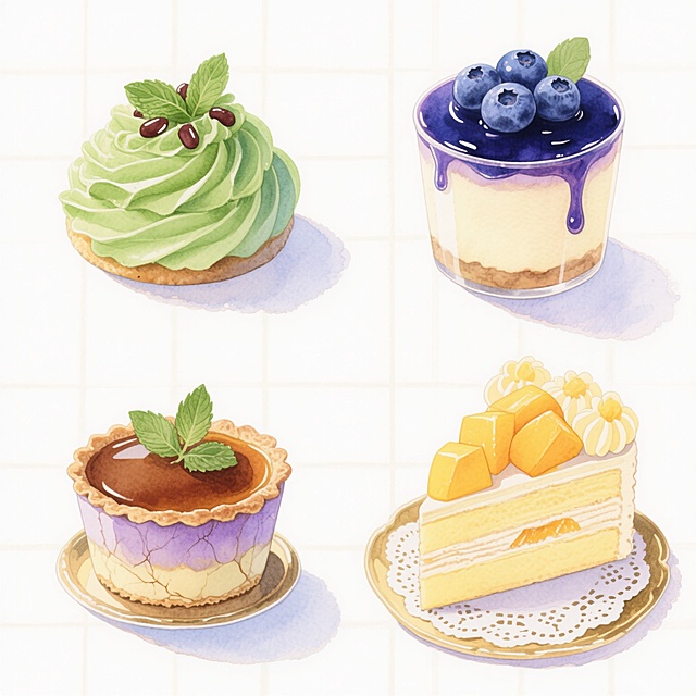 四个不同形态的精美甜点插画，水彩风格，画面明亮清新，色彩通透柔和，笔触细腻带有水润感和轻盈的晕染效果，构图为田字格布局，每个甜点独立放置在白色背景上，左上角为抹茶绿色渐变奶油裱花小蛋糕，点缀红豆和薄荷叶，右上角为蓝莓芝士慕斯杯，顶部有蓝莓酱流淌效果和新鲜蓝莓，左下角为焦糖布丁塔，带有酥脆塔底和焦糖裂纹，顶部装饰薄荷叶，右下角为芒果千层蛋糕切片，层次分明，表面铺满芒果块和淡黄色奶油花，每个甜点下都有精致的蕾丝餐垫或金色托盘，整体保持水彩特有的通透质感和柔和光影，色彩改变为抹茶绿、蓝莓紫、焦糖棕、芒果黄，形态分别为裱花小蛋糕、慕斯杯、布丁塔、千层切片