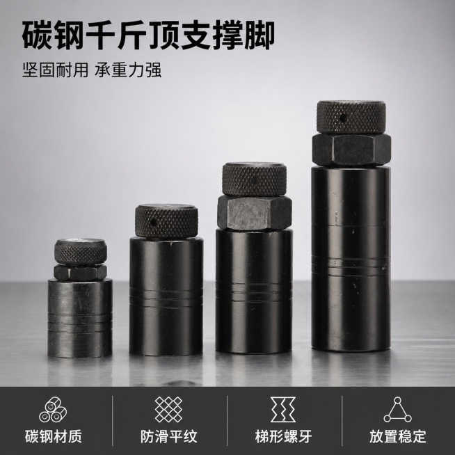 [主图-1] 碳钢可调千斤顶支撑脚产品首图，专业五金器械展示首图。[氛围风格] 专业沉稳工业五金风，突出产品质感和专业感。[画质] 商业摄影质感、光线柔和通透、产品清晰真实、画面干净高级，去除原图划痕预览效果