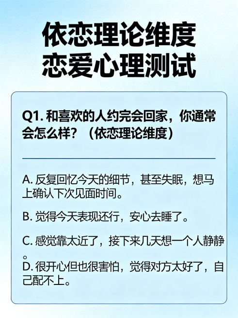 情感测试题目展示，包含问题Q1和选项ABCD，依恋理论维度的恋爱心理测试，排版清晰的图文海报，文字清晰可辨认：Q1. 和喜欢的人约完会回家，你通常会怎么样？（依恋理论维度） A. 反复回忆今天的细节，预览效果