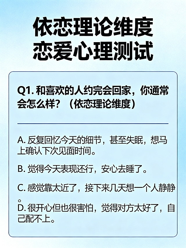 情感测试题目展示，包含问题Q1和选项ABCD，依恋理论维度的恋爱心理测试，排版清晰的图文海报，文字清晰可辨认：Q1. 和喜欢的人约完会回家，你通常会怎么样？（依恋理论维度） A. 反复回忆今天的细节，甚至失眠，想马上确认下次见面时间。B. 觉得今天表现还行，安心去睡了。C. 感觉靠太近了，接下来几天想一个人静静。D. 很开心但也很害怕，觉得对方太好了，自己配不上。