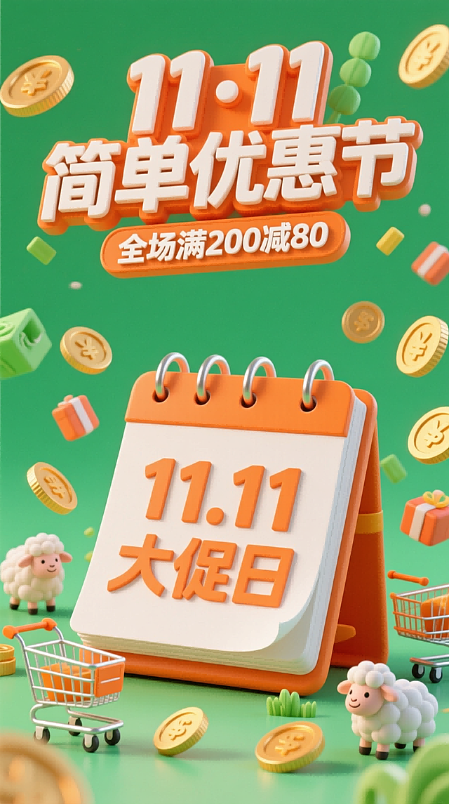卡通3D风格，3D立体主标题“11·11 简单优惠节”位于画面上方，副标题小字“全场满200减80”，画面中心是一本超大的日历，日历上写着“11.11 大促日”，画面四周搭配、购物车、金币、小羊等元素，高饱和橙绿配色。