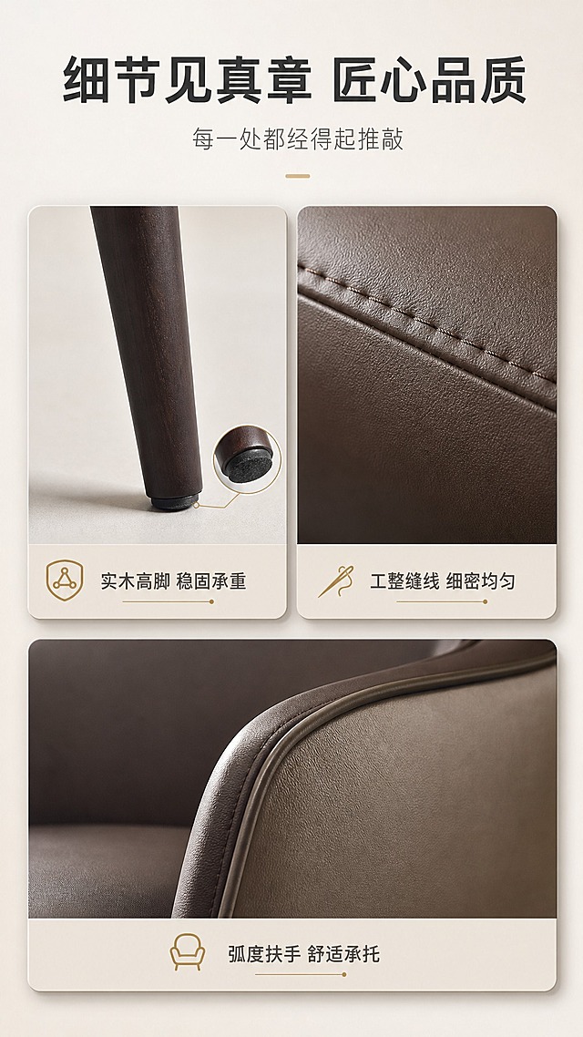 [商品] 使用【图1】深咖色真皮单人休闲椅；保留实木脚、真皮缝线、扶手细节、整体结构与颜色；放大展示细节部位质感，不改变产品结构与颜色。
[画面] 目标：细节工艺展示，体现精工品质。三宫格细节特写构图，横向3格分别展示：左上实木脚特写+底部防滑垫、右上真皮缝线微距特写、下方扶手弧度与拼接工艺；每格配短标签；背景为浅米色统一底色，细节图悬浮带柔和阴影。
[视觉] 套系策略：风格=意式极简轻奢商业摄影；标题字=现代无衬线粗体；正文字=简洁无衬线体；主色=深咖棕；背景延展=基于深咖棕做米杏-奶白-浅灰同色系深浅层级、细腻哑光质感；强调色=暖金色，仅用于小面积图标、引线和标签；标题色=深炭灰；正文色=中暖灰；组件=圆角浅底信息卡、细线引线、胶囊卖点框；光影=右前侧暖柔光，柔和阴影。
[文字] 顶部主标题"细节见真章 匠心品质"，副标题"每一处都经得起推敲"；三宫格每格下方对应标签："实木高脚 稳固承重"、"工整缝线 细密均匀"、"弧度扶手 舒适承托"。
[规格] 图片比例9:16竖版，4K，避免变形、错字、文字过小、冷蓝背景、产品颜色改变、极限词。