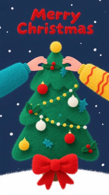 顶部呈现红色花体字 “Merry Christmas”；主体是两只手（分别着蓝绿色衣袖、黄色带红纹衣袖）协作装饰圣诞树，树上挂满多彩装饰球（含红、黄、白等纹样）、冬青果，底部饰大红色蝴蝶结。色彩以红、预览效果