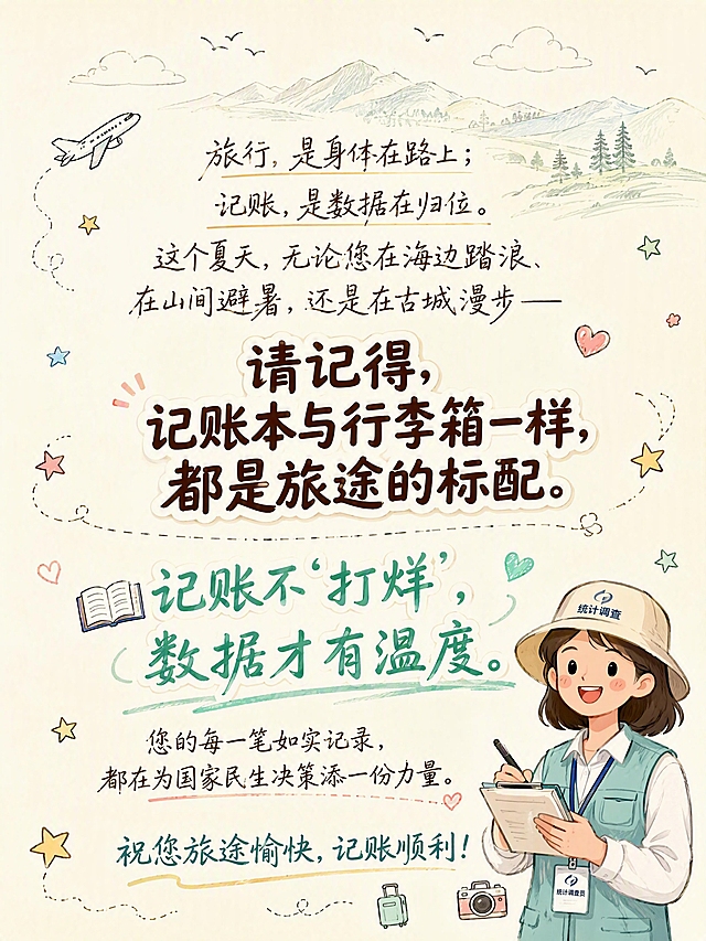 第8张 结尾升华。本张使用【图8】统计调查员微笑图放置在右下角。手账拼贴风+清新温暖旅行风，全屏温暖的米白渐变底色，上方有淡淡的手绘风景线条（远山、云朵、飞鸟）。顶部居中是主文案，使用潇洒的手写体风格，分三行：第一行"旅行，是身体在路上；"，第二行"记账，是数据在归位。"，第三行"这个夏天，无论您在海边踏浪、在山间避暑，还是在古城漫步——"。中间一行加粗大字"请记得，记账本与行李箱一样，都是旅途的标配。" 下方是核心金句，用薄荷绿色手写大字突出："📖 记账不'打烊'，数据才有温度。" 再下方小字："您的每一笔如实记录，都在为国家民生决策添一份力量。" 最底部"祝您旅途愉快，记账顺利！" 右下角是微笑的调查员卡通形象，亲切温暖。画面四周点缀手绘小星星、小飞机、小爱心图标。整体氛围温馨有温度，收尾感强。