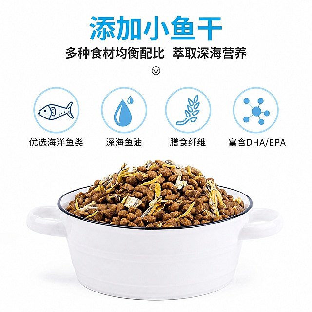 [主图-2] 佰萃粮三文鱼+鳀鱼全价成猫粮核心卖点展示，成分卖点解析风格。
[氛围风格] 干净清爽专业风，突出成分卖点
[画质] 商业电商摄影质感，光线明亮通透，猫粮内容清晰真实，画面干净高级
[元素] 一碗装满猫粮的白色 enamel 碗放置在画面下半部分居中，碗内猫粮清晰可见真小鱼干混合颗粒，保持内容物形态与输入图17一致，整体产品真实自然。背景为纯白色干净背景，整体简约专业，突出内容物卖点。四个卖点圆形图标均匀排列在画面上半部分，每个图标配文字说明。保持产品内容物形态一致，杜绝变形。
[光影] 顶部柔光均匀打光，猫粮颗粒纹理清晰，阴影柔和，整体明亮干净，细节清晰。
[配色] 主色调白色+浅蓝色，文字黑色和浅蓝色，清爽对比清晰，风格专业简约
[视角构图] 正面平视，碗装猫粮居中偏下，四个图标均匀排列在上部，满屏无边框，内容完整展示
[文字版式] 顶部大标题浅蓝色粗体：添加小鱼干；下方说明文字黑色：多种食材均衡配比 萃取深海营养；四个圆形浅蓝色边框图标，从左到右依次为：优选海洋鱼类 深海鱼油 膳食纤维 富含DHA/EPA，每个图标内对应简笔画图案，图标下方黑色文字说明；文字排版整齐，大小对比清晰，不遮挡猫粮主体，信息层级分明。
[输出要求] 1:1比例，2048×2048px，文字清晰可辨，超高清商业摄影质感
[负向提示词] 变形，文字错乱，产品图模糊，背景杂乱，水印，电商平台Logo，错字，主体遮挡，低清晰度