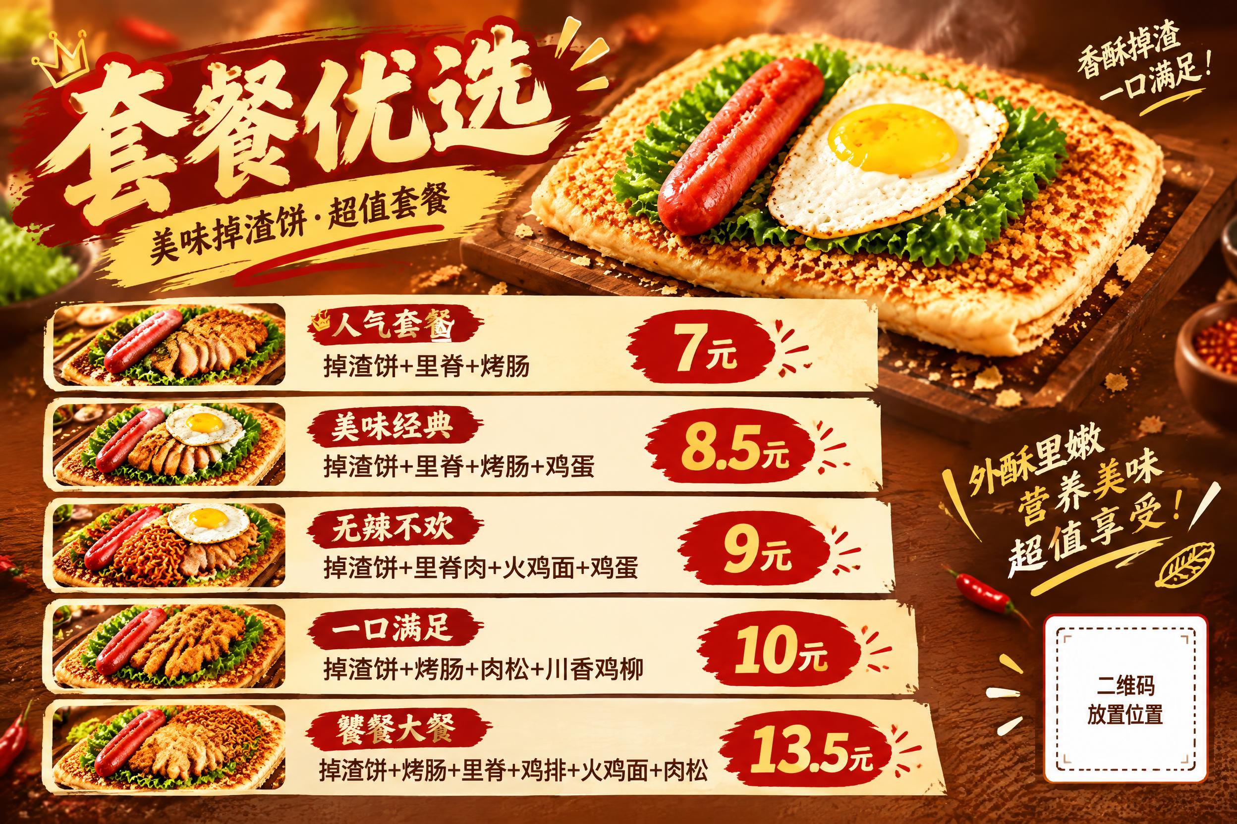 基于掉渣饼美食参考图，制作一张掉渣饼套餐价目表海报，画面保留掉… - 图片创意预览