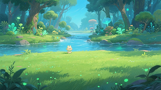 梦幻森林插画，清新拟人小兔，超现实主义光影，营造童话般氛围。