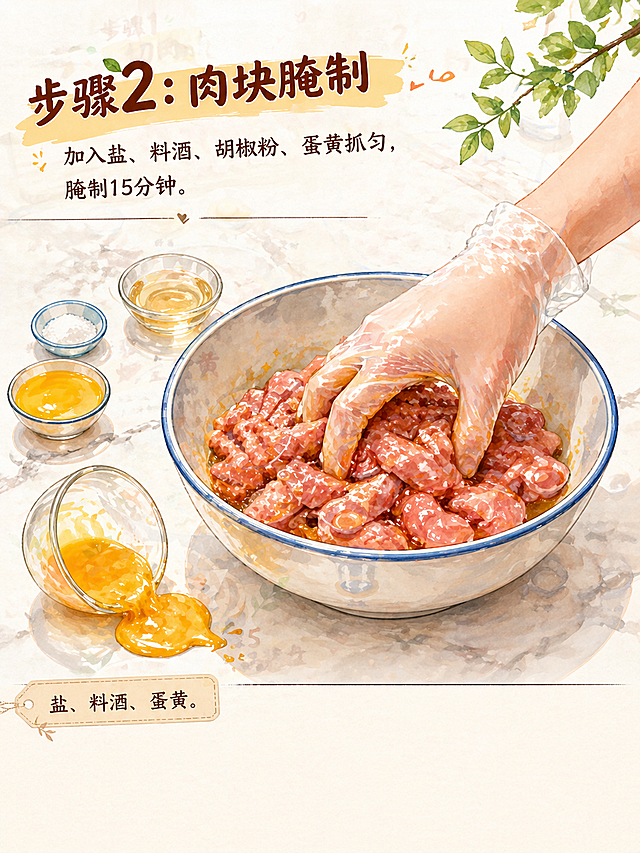 整体为温暖清新的手绘水彩风格，线条细腻柔和。场景为整洁明亮的白色厨房台面，左前方柔和暖调自然光，画面通透感强，无多余杂物。构图为竖屏3:4单张海报。一个大瓷碗，里面是拌匀的肉块，有一只手正在抓匀的动态感；旁边倒着一个刚打散的蛋黄。左上角有标题文字“步骤2：肉块腌制”，标题下方是副标题文字“加入盐、料酒、胡椒粉、蛋黄抓匀，腌制15分钟。”，左下角标注标签小样“盐、料酒、蛋黄。”，图下方留出横向区域放置文字，用精致的细线条分隔食材与标题。全程使用和后续步骤同一口铁锅，增强食谱连续性。避免画面模糊、食物造型畸形、文字错误/缺失、杂乱杂物、低分辨率、色彩失真、无关多余物品。