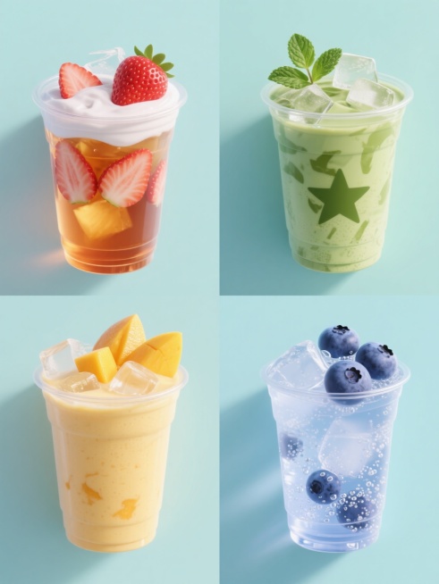 3D渲染的系列饮品海报，纯色背景，包含4个不同的3D风格冷饮，每个饮品保持透明塑料杯、冰块、切片水果的元素类目但内容完全不同，如一杯草莓奶盖茶配新鲜草莓片、一杯抹茶星冰乐点缀薄荷叶、一杯芒果冰沙带有芒果块、一杯蓝莓气泡水漂浮蓝莓，整体色彩变换为明亮清新的马卡龙色系，每个饮品拥有独特的3D材质表现（如磨砂杯身、玻璃光泽、奶油质感、冰爽颗粒感），规整地2x2网格排布，画面简洁现代，光影柔和，突出饮……预览效果