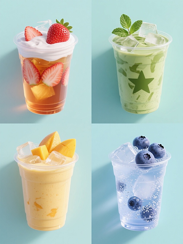 3D渲染的系列饮品海报，纯色背景，包含4个不同的3D风格冷饮，每个饮品保持透明塑料杯、冰块、切片水果的元素类目但内容完全不同，如一杯草莓奶盖茶配新鲜草莓片、一杯抹茶星冰乐点缀薄荷叶、一杯芒果冰沙带有芒果块、一杯蓝莓气泡水漂浮蓝莓，整体色彩变换为明亮清新的马卡龙色系，每个饮品拥有独特的3D材质表现（如磨砂杯身、玻璃光泽、奶油质感、冰爽颗粒感），规整地2x2网格排布，画面简洁现代，光影柔和，突出饮品的立体感和诱人质感，无文字和二维码。