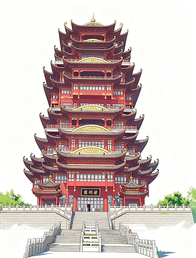 将这座黄鹤楼转换为动漫风格，只保留楼体和楼梯部分，背景修改为纯白色