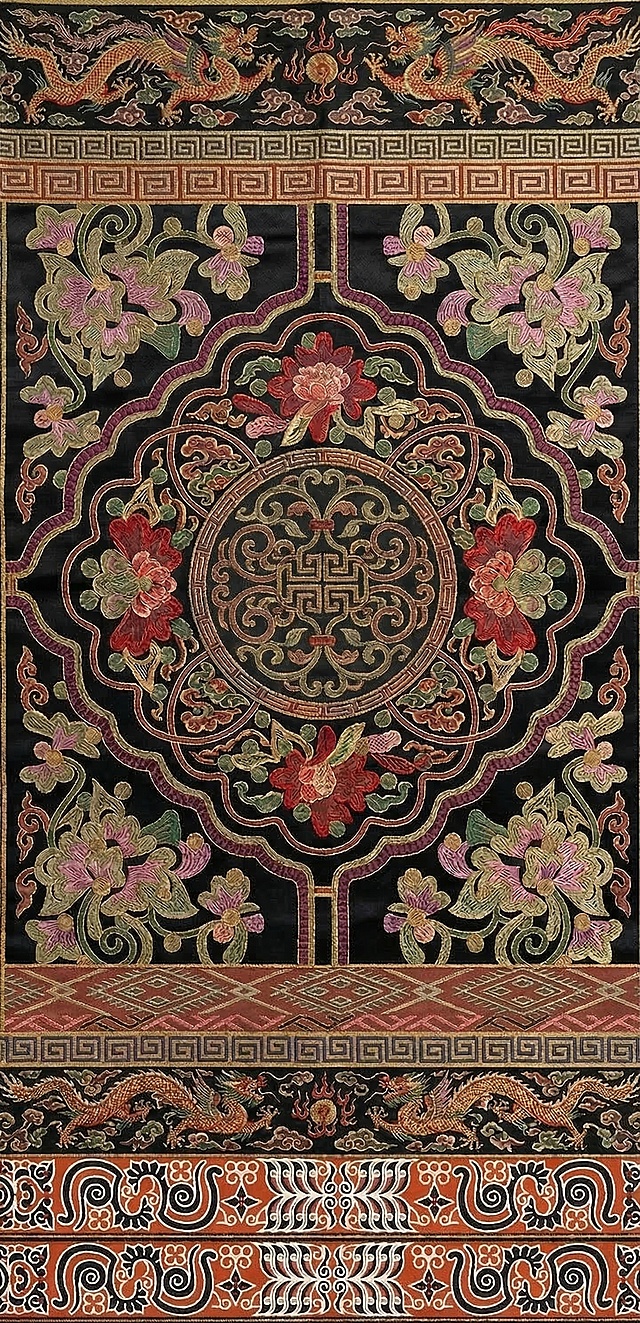 修改生成的丝绸纹样，将纹样中间区域替换为简洁的卷草纹、缠枝纹和几何纹组合，保留整体原有的对称构图和配色风格，简化纹样结构避免太过复杂