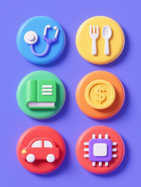 六个不同行业的系列素材集合，每个行业对应一个纯色背景上的圆形图标，图标采用圆润可爱的3D立体风格，具有光滑的塑料质感和柔和的渐变色彩，高光和阴影过渡自然，保持原有的简约造型和元素内容，整体排布规整，形成统一的视觉系列。第一个图标是医疗行业的听诊器，蓝色背景；第二个是教育行业的书本，绿色背景；第三个是金融行业的金币，黄色背景；第四个是餐饮行业的餐具，橙色背景；第五个是交通行业的汽车，红色背景；第……预览效果