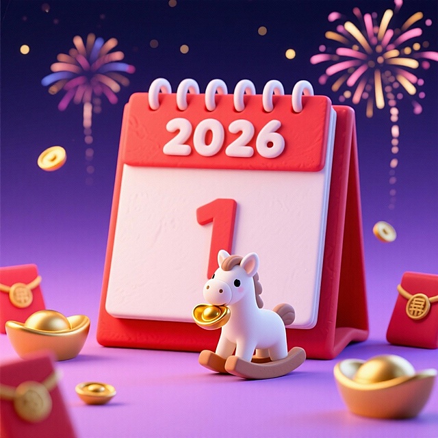 画面中心是带 “2026”字样在上方，“1”在下方，的红色台历，台历上方坐着持金元宝的白色小马，背景为深紫渐变夜空，（点缀烟花），周围环绕金元宝、小红包、装饰