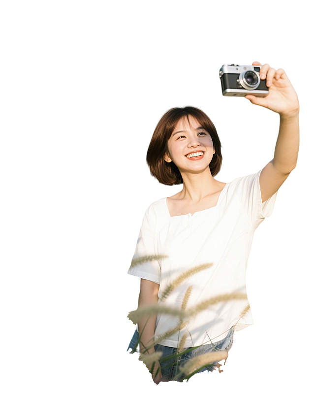明亮自然光下的户外写真，年轻女性手持复古胶片相机自拍，面带灿烂笑容，棕色短发，穿着白色上衣，背景是开阔的绿色草地和蓝天，前景有虚化的植物穗子增添层次感，整体色调清新明快，光影柔和，充满青春活力与自然气息，摄影风格写实细腻，构图生动，捕捉真实自然的瞬间动态
