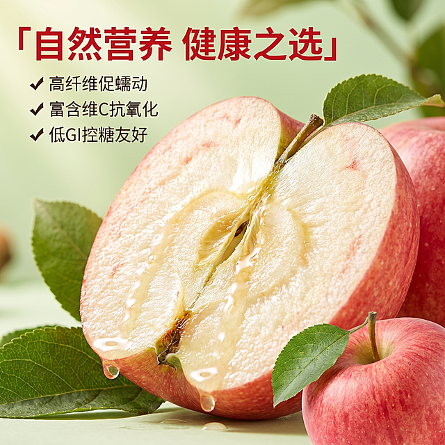 [主图 3] 苹果营养健康卖点特写；[氛围风格] 清新自然，健康营养，高品质感；[画质] 商业摄影质感、光线柔和通透、产品清晰真实、画面干净高级；[元素] 中心微距特写苹果切半的横切面，果肉纹理清晰饱满，汁水顺着切面缓缓流下，整颗苹果在右下角衬托。周围散落新鲜苹果叶片点缀。保持苹果颜色外观与原图一致，杜绝变形色差。画面主体突出，商品占比约70%，满版无边框；[光影] 自然暖阳逆光，光线穿透果肉，突出果肉通透质感和纤维纹理，汁水反光晶莹，立体层次丰富；[配色] 红色果肉搭配浅绿背景，清新健康配色，对比清晰；[视角构图] 微距特写，平视中心构图，景深浅，背景虚化突出主体；[文字版式] 左上角标题「自然营养 健康之选」红色粗体，下方分三小点标注：✓ 高纤维促蠕动 ✓ 富含维C抗氧化 ✓ 低GI控糖友好 深色小字清晰排列，文字在负空间不遮挡主体；[比例分辨率] 1:1比例，2k分辨率；文字清晰可辨，超高清；[负向提示词] 变形，水印，文字错乱，产品图模糊，背景杂乱，文字遮挡主体。
