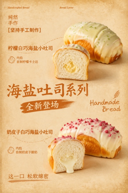 商品海报，复古做旧米黄色背景，暖调烘焙风格，版式复刻参考图，保留参考图的分区结构和排版骨架，整体设计手作质感，面包主体100%还原商品外形、淋面装饰和剖面内馅，和上传的商品图保持一致。画面上方小字："预览效果