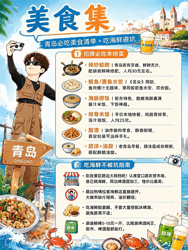 基于参考图的手绘攻略风格，重新制作一张青岛美食攻略信息图，竖版3:4比例，2K分辨率，保持与参考图一致的清新治愈手绘风格、配色（海蓝、暖橙、米白为主）、字体和排版布局。顶部大标题改为“美食集”，副标题为“青岛必吃美食清单 + 吃海鲜避坑”。画面保留左侧卡通旅行博主形象点缀。

内容分为两大板块：

1. 招牌必吃本地菜
- 辣炒蛤蜊｜青岛夜宵灵魂，鲜辣无沙，配袋装鲜啤绝配，人均30元左右。
- 鲅鱼/墨鱼水饺｜《舌尖》同款，鱼肉爆汁无腥味，推荐船歌鱼水饺、双合园。
- 海肠捞饭｜胶东特色，脆嫩海肠裹满酱汁米饭，下饭神器。
- 排骨米饭｜平价本地快餐，炖脱骨排骨，汤汁泡饭，人均25元。
- 脂渣｜油炸猪肉零食，酥香耐嚼，真空包装可当伴手礼。
- 甜沫+油旋｜老青岛早餐，甜沫是咸杂粮粥，搭配酥脆油旋。
每道美食旁配对应的手绘小图标。

2. 吃海鲜不被坑指南
- 别在景区路边大排档吃！认准营口路农贸市场，自己挑海鲜，周边啤酒屋加工，性价比最高；
- 路边热情拉客海鲜店直接避开，大概率缺斤短两、溢价翻倍；
- 吃海鲜配姜醋，不要大量搭配冰啤酒，避免肠胃不适；
- 袋装鲜啤5-10元一斤，比瓶装啤酒纯正，夜市、啤酒屋都能打。

整体风格活泼有元气，文字清晰易读，背景点缀海浪、海鲜、啤酒等美食相关元素，适合小红书/朋友圈分享。