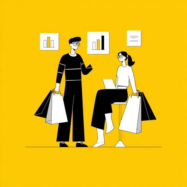 flat illustration, shopping theme, people shopping in mall, same style as reference: bright yellow b预览效果