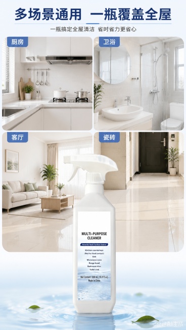 [第7屏] 多场景适用展示页-TK跨境多功能清洁剂。本屏使用【图1】作为商品主体。
[氛围/风格] 多场景拼图展示，现代家居风格，整洁明快。
[元素布局] 四格拼图展示四个不同使用场景，分别为厨房、卫预览效果