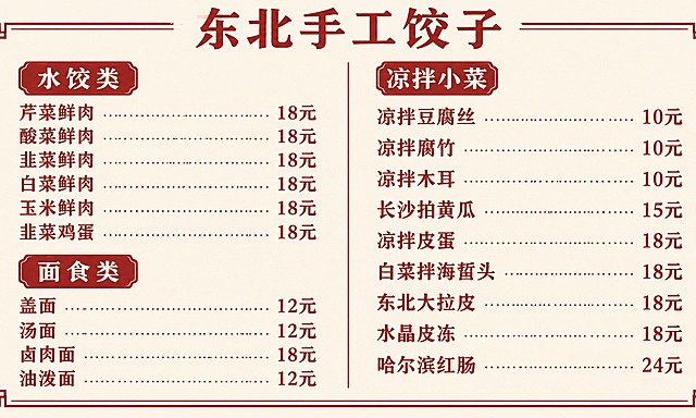 9:5.4横版名片背面菜单设计稿，正视图，纯平面矢量风格，暖奶油底+赭红文字，顶部居中标题「东北手工饺子」，下方双栏排版菜单，菜名居左、价格居右对齐，行距均匀清晰。左侧栏：「水饺类」芹菜鲜肉 18元、酸菜鲜肉 18元、韭菜鲜肉 18元、白菜鲜肉 18元、玉米鲜肉 18元、韭菜鸡蛋 18元；「面食类」盖面 12元、汤面 12元、卤肉面 18元、油泼面 12元。右侧栏：「凉拌小菜」凉拌豆腐丝 10元、凉拌腐竹 10元、凉拌木耳 10元、长沙拍黄瓜 15元、凉拌皮蛋 18元、白菜拌海蜇头 18元、东北大拉皮 18元、水晶皮冻 18元、哈尔滨红肠 24元。共19个菜品全部必须完整准确呈现，不得增加、删除、重复、错字或乱码；全部简体中文；不得出现二维码与人物。
