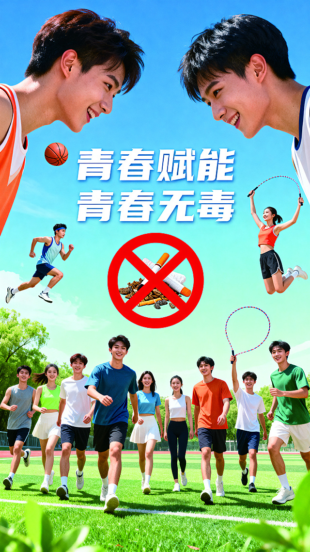青春赋能 青春无毒主题公益海报，画面充满青春活力的年轻人群像，搭配明亮清新的蓝绿渐变色调，融入健康向上的运动元素与拒绝毒品的警示符号，中央醒目展示文字“青春赋能 青春无毒”，整体风格积极阳光、富有正能量，构图饱满视觉冲击力强