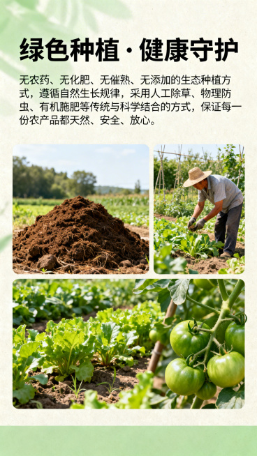原生态农产品H5种植理念页，主题标题是“绿色种植 · 健康守护”，文字描述“无农药、无化肥、无催熟、无添加的生态种植方式，遵循自然生长规律，采用人工除草、物理防虫、有机施肥等传统与科学结合的方式，保证预览效果
