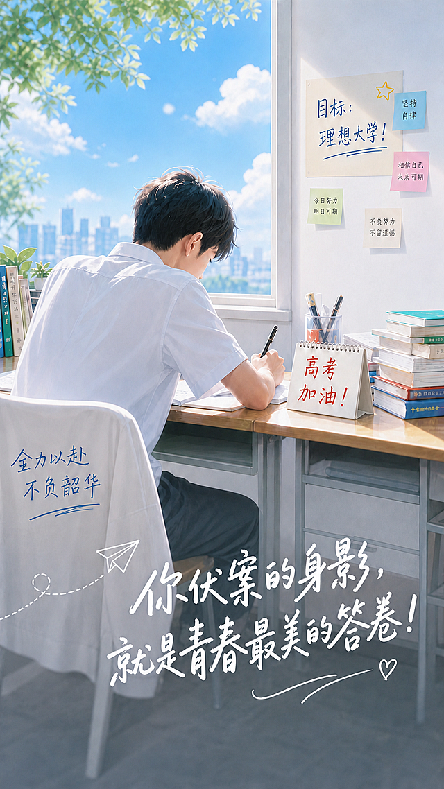 修改图片底部的文字，将原来的“人生多失意，失意莫失心”替换为“你伏案的身影，就是青春最美的答卷！”，保持原来的字体风格、白色手写字体和整体构图不变，保留图片其他所有内容不变。